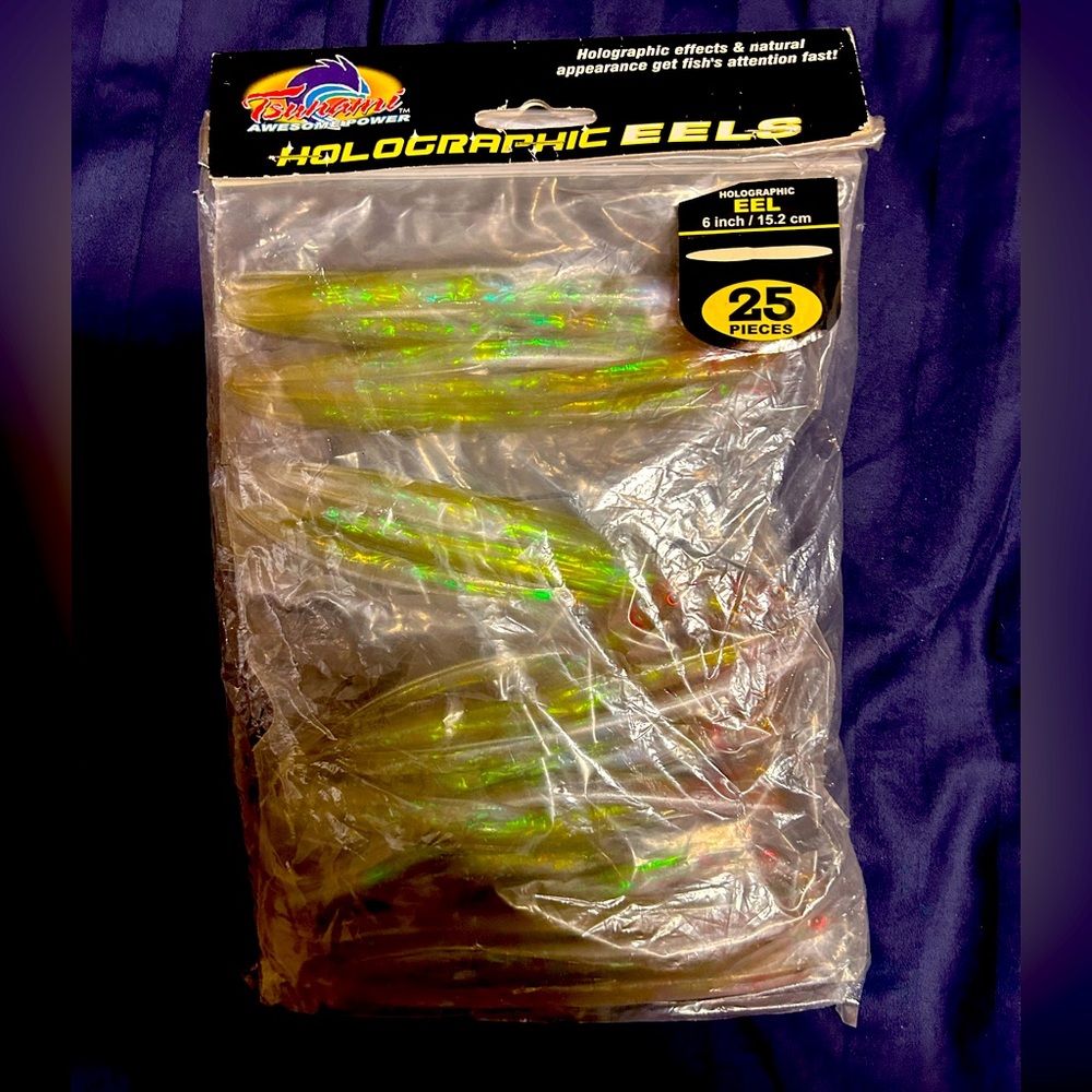 6 INCH FISHING HOLOGRAPHIC EEL BAIT (25) PIECES BRAND NEW. RETAIL $50